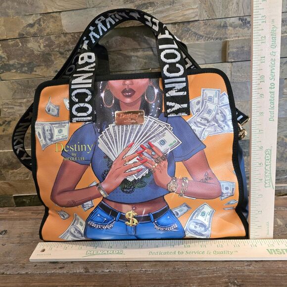 Destiny By Nicole Lee Money Zipper Tote Bag W Shoulder Strap Orange Blue Black - Picture 3 of 9